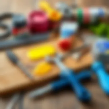 Tools and materials arranged for acrylic painting on wood