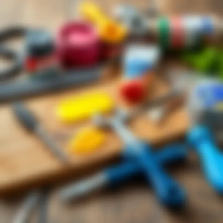 Tools and materials arranged for acrylic painting on wood