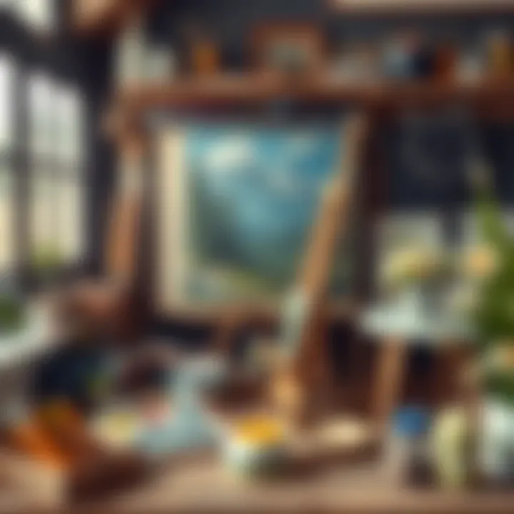 Artist's Workspace for Oil Painting An artist's workspace with oil painting materials and tools