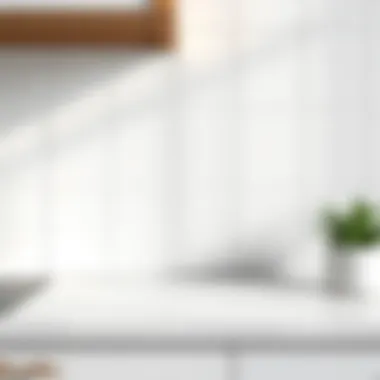 Close-up view of pristine white backsplash tiles with grout lines