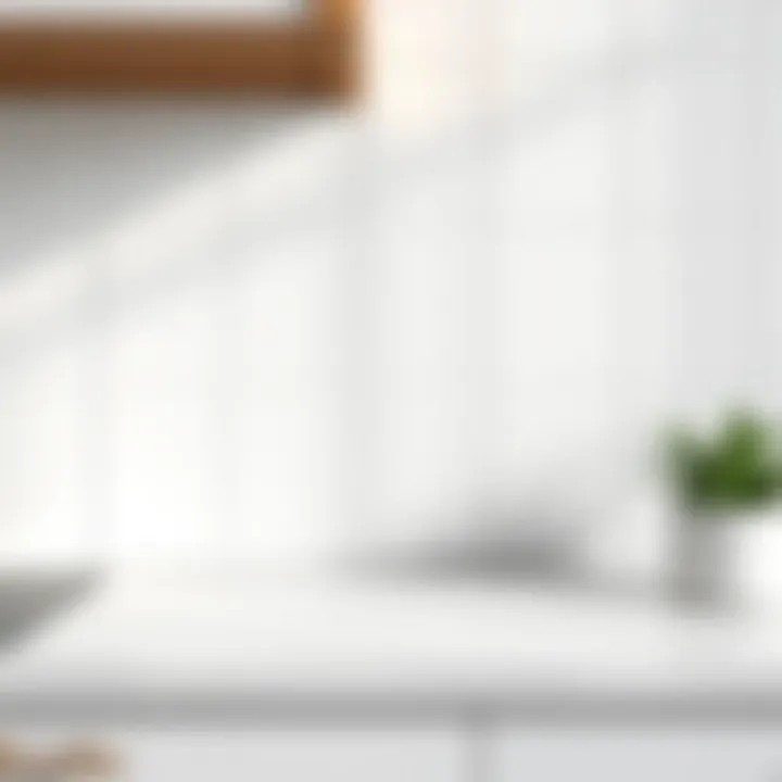 Close-up view of pristine white backsplash tiles with grout lines