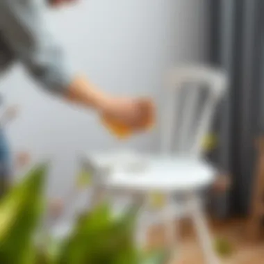 Careful Cleaning of a White Chair A person gently wiping a white chair with a cloth.