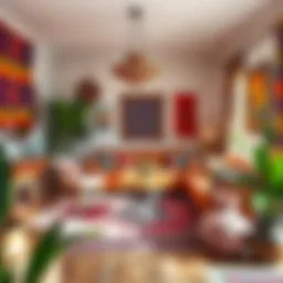A vibrant bohemian living room showcasing eclectic decor and colorful textiles