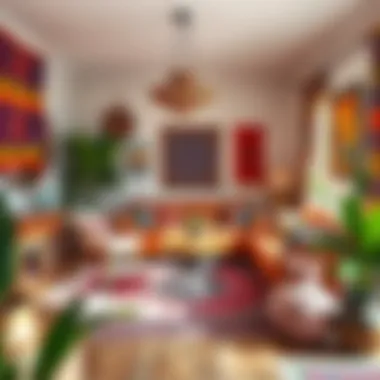 Eclectic Bohemian Living Room A vibrant bohemian living room showcasing eclectic decor and colorful textiles