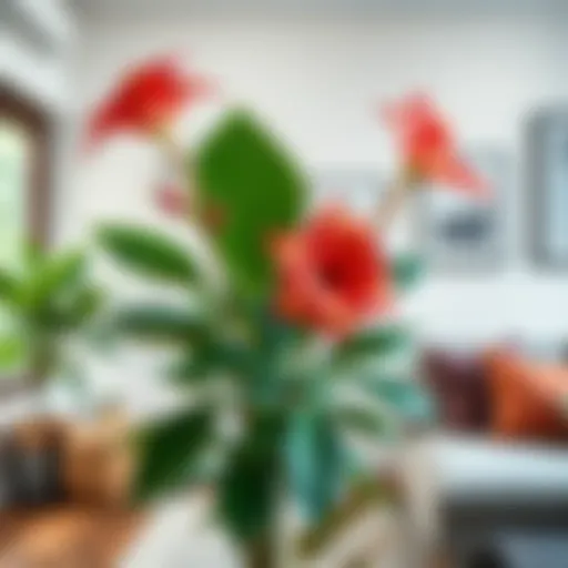 A vibrant large-leaved flower plant in a modern living room setting