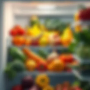 Fresh Food Arrangement Fresh fruits and vegetables neatly arranged in a clean refrigerator.