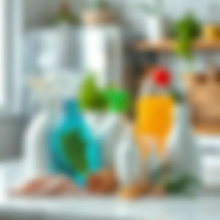 Natural Cleaning Supplies Natural cleaning supplies laid out on a kitchen counter for refrigerator cleaning.