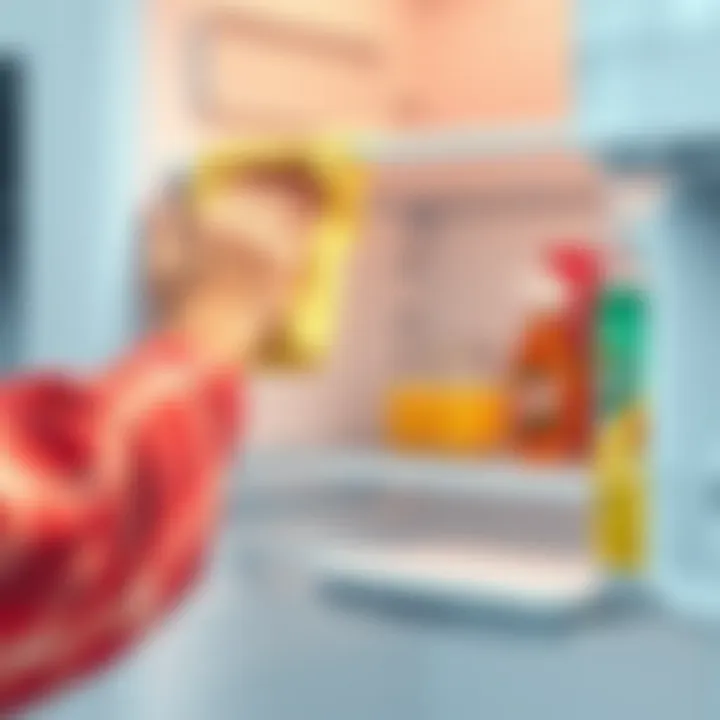 Wiping Down Refrigerator Shelves A person wiping down refrigerator shelves with a cloth and homemade cleaner.