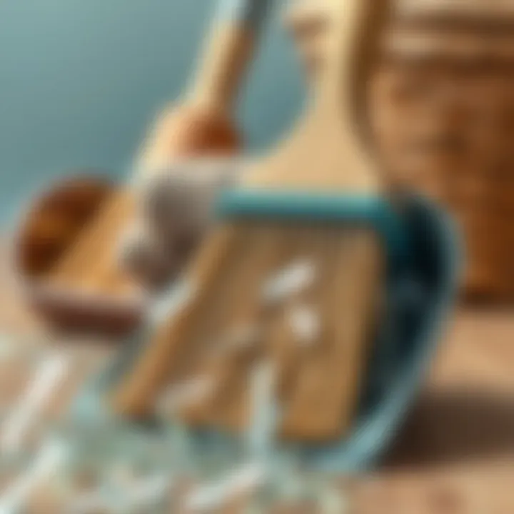 Close-up of a broom and dustpan used for collecting glass shards