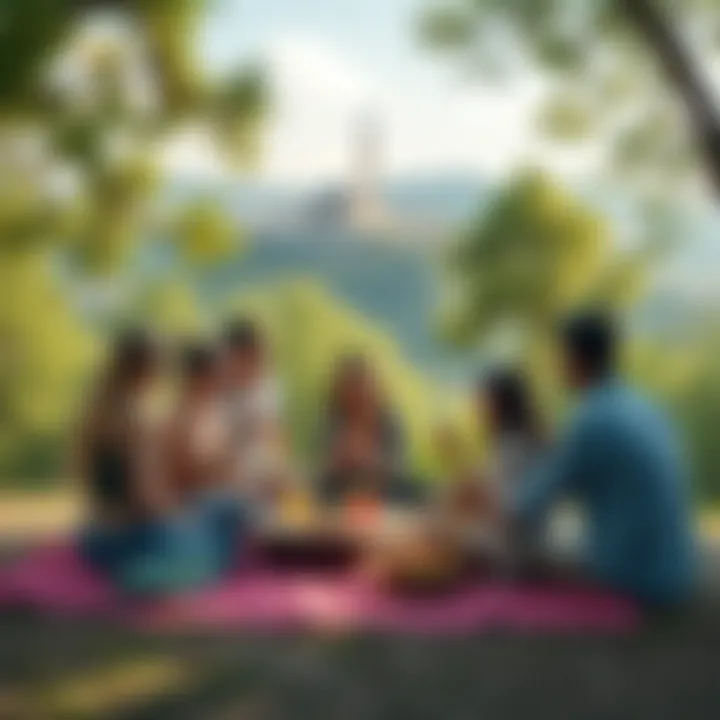 Group of friends enjoying a picnic at a picturesque campsite