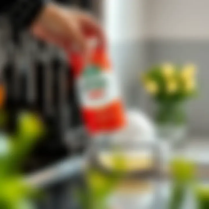 Using Vinegar for Deep Cleaning Female hand applying vinegar to a dishwasher for cleaning