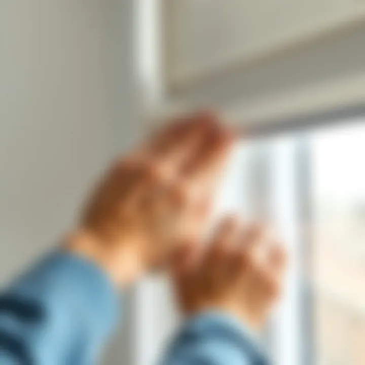 Meticulous Cleaning of Roller Blinds Close-up of a person cleaning a roller blind with care