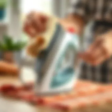 Demonstrating Effective Iron Cleaning Techniques A person demonstrating the cleaning process of an iron using a cloth.