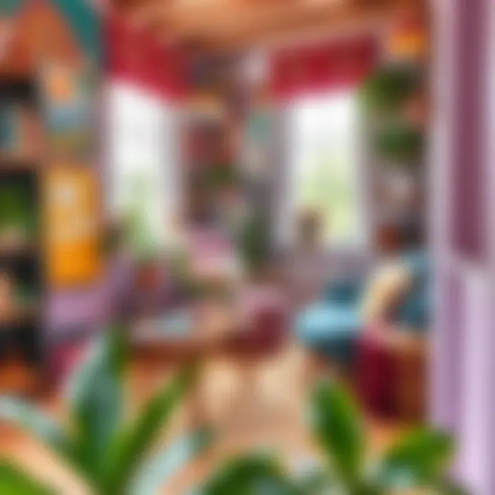 A cozy and colorful studio decorated with vibrant textiles and art