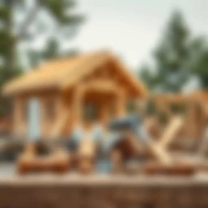 Construction site with essential tools for building a wooden house
