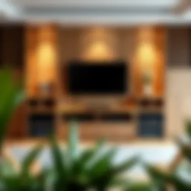 Elegant wooden TV unit with integrated shelving and decorative accents