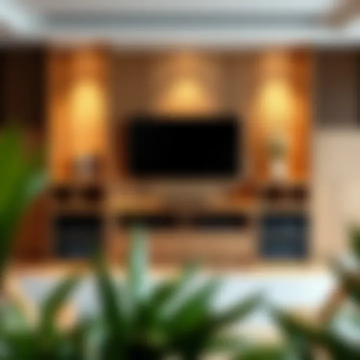 Elegant wooden TV unit with integrated shelving and decorative accents