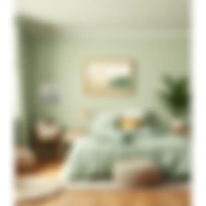 Cozy bedroom with green and calming pastel tones