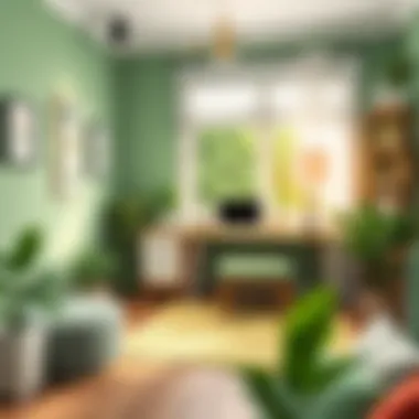 Home office decorated in green and complementary colors