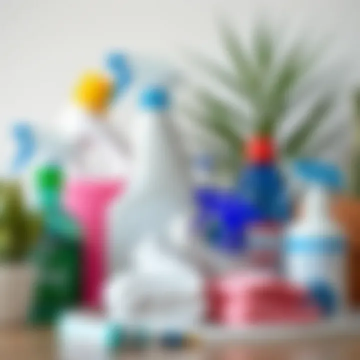 Essential Cleaning Supplies for Effective Disinfection A close-up of cleaning supplies organized neatly