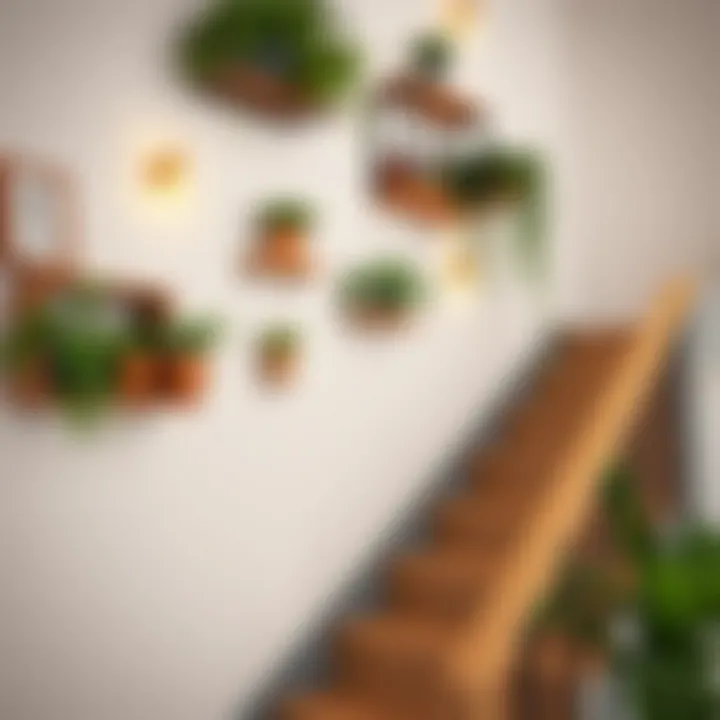 Creative use of shelves and plants on staircase walls