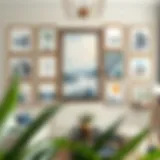 A collection of framed paintings elegantly arranged on a living room wall