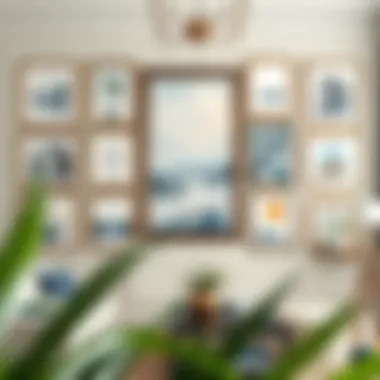 A collection of framed paintings elegantly arranged on a living room wall