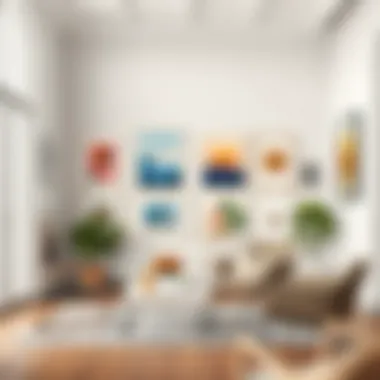 A modern interior featuring a striking gallery wall with various artworks