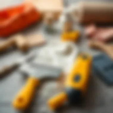 Essential Tools for Wallpaper Removal Tools laid out for wallpaper removal, including a scraper and solution