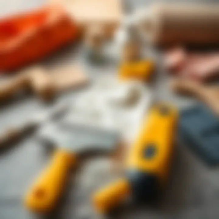 Essential Tools for Wallpaper Removal Tools laid out for wallpaper removal, including a scraper and solution