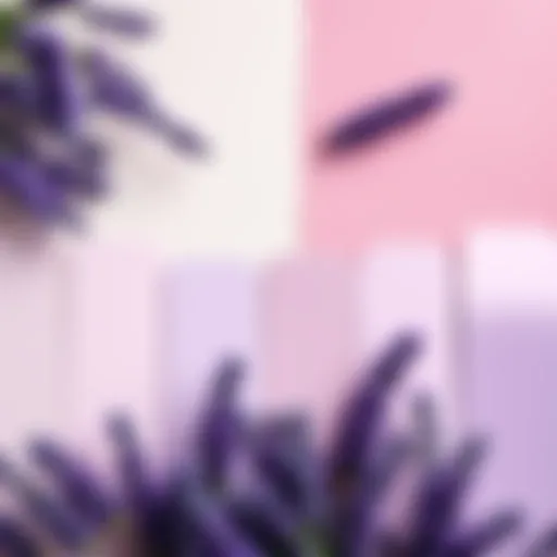 A beautiful display of various shades of lavender paint swatches arranged elegantly.