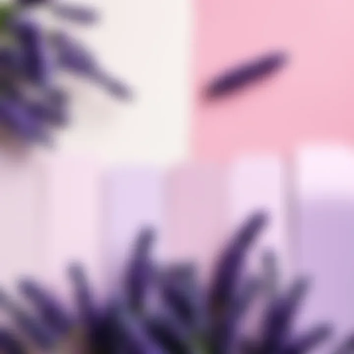 Shades of Lavender Paint Swatches A beautiful display of various shades of lavender paint swatches arranged elegantly.