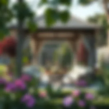 Elegant Seating Area in a Garden Elegant seating area under a decorative roof in a garden.