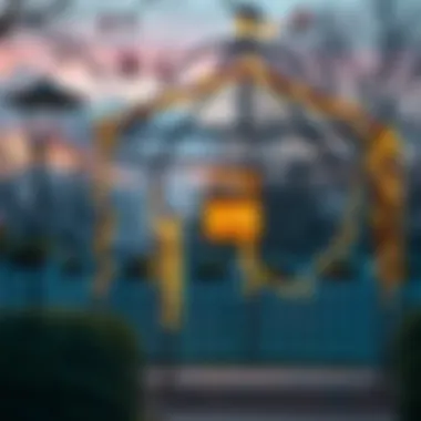 A metal gazebo adorned with fairy lights at dusk