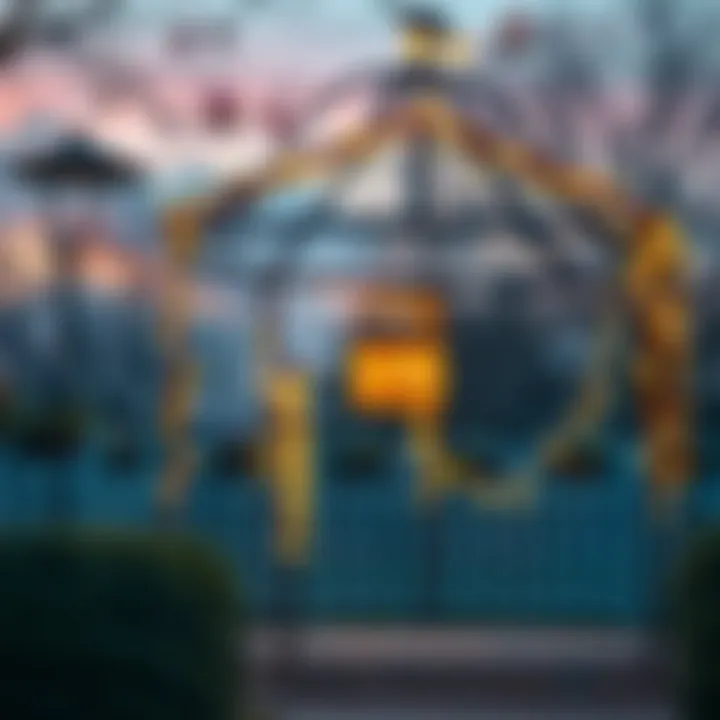 A metal gazebo adorned with fairy lights at dusk