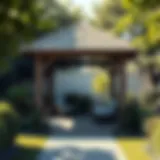 A modern wooden gazebo surrounded by a lush garden