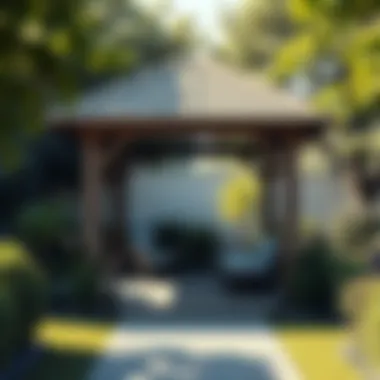 A modern wooden gazebo surrounded by a lush garden