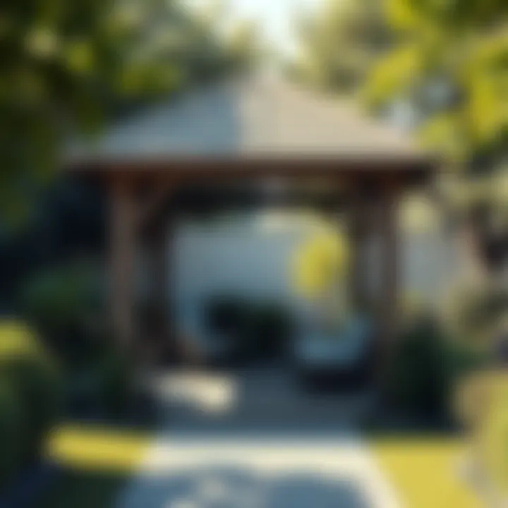A modern wooden gazebo surrounded by a lush garden