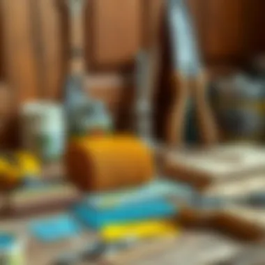 Tools for Door Restoration Tools laid out for door restoration, including sandpaper and paint