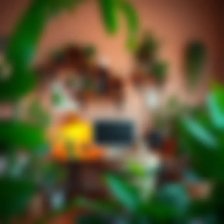 Cozy workspace filled with plants and warm lighting