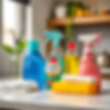 Essential Cleaning Supplies Essential cleaning supplies neatly arranged on a countertop