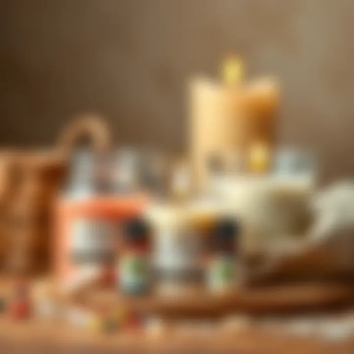 Candle Customization Ingredients A selection of essential oils and colorants displayed creatively for candle customization.