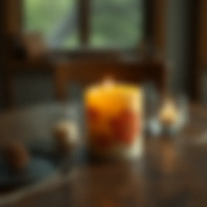 Crafted Candle Design A finished candle with a unique design sitting on a rustic table, emanating warmth.