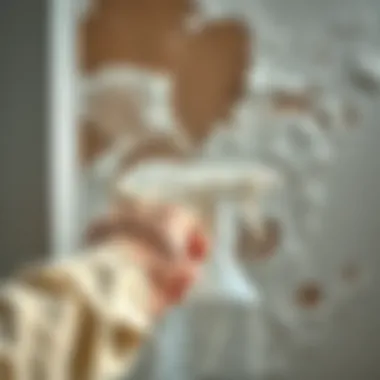 A person using a spray bottle to clean mold