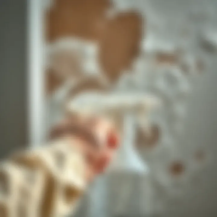 A person using a spray bottle to clean mold