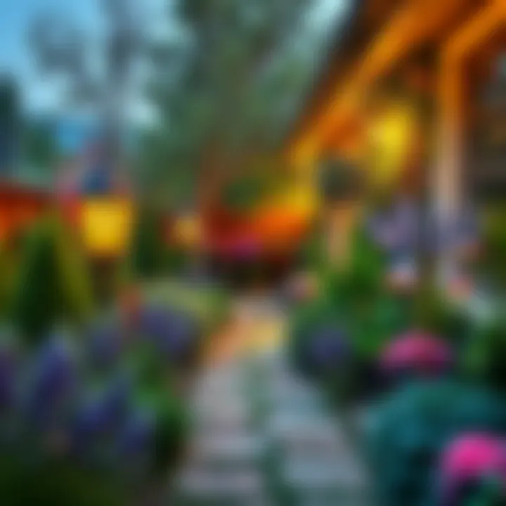 Artful garden pathway lined with diverse plants and lights