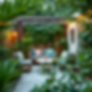 Creative outdoor seating area surrounded by greenery