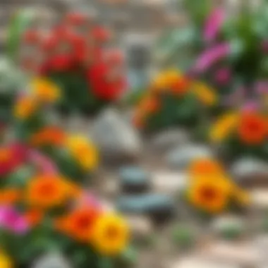 A beautifully arranged garden with vibrant flowers and decorative stones