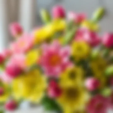 A vibrant arrangement of flowers in green and pink shades