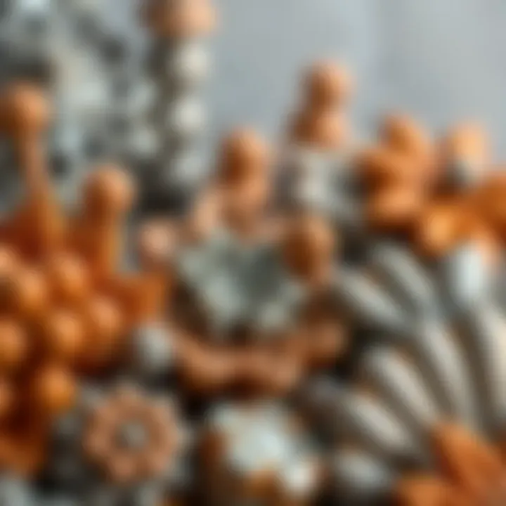 A close-up view of decorative elements featuring grey and terracotta colors